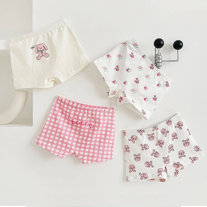 4 Pcs/Lot Kids Panties Cartoon Chirdren'S Underwear Briefs Floral Grid Cotton Underpants - BeautiMass