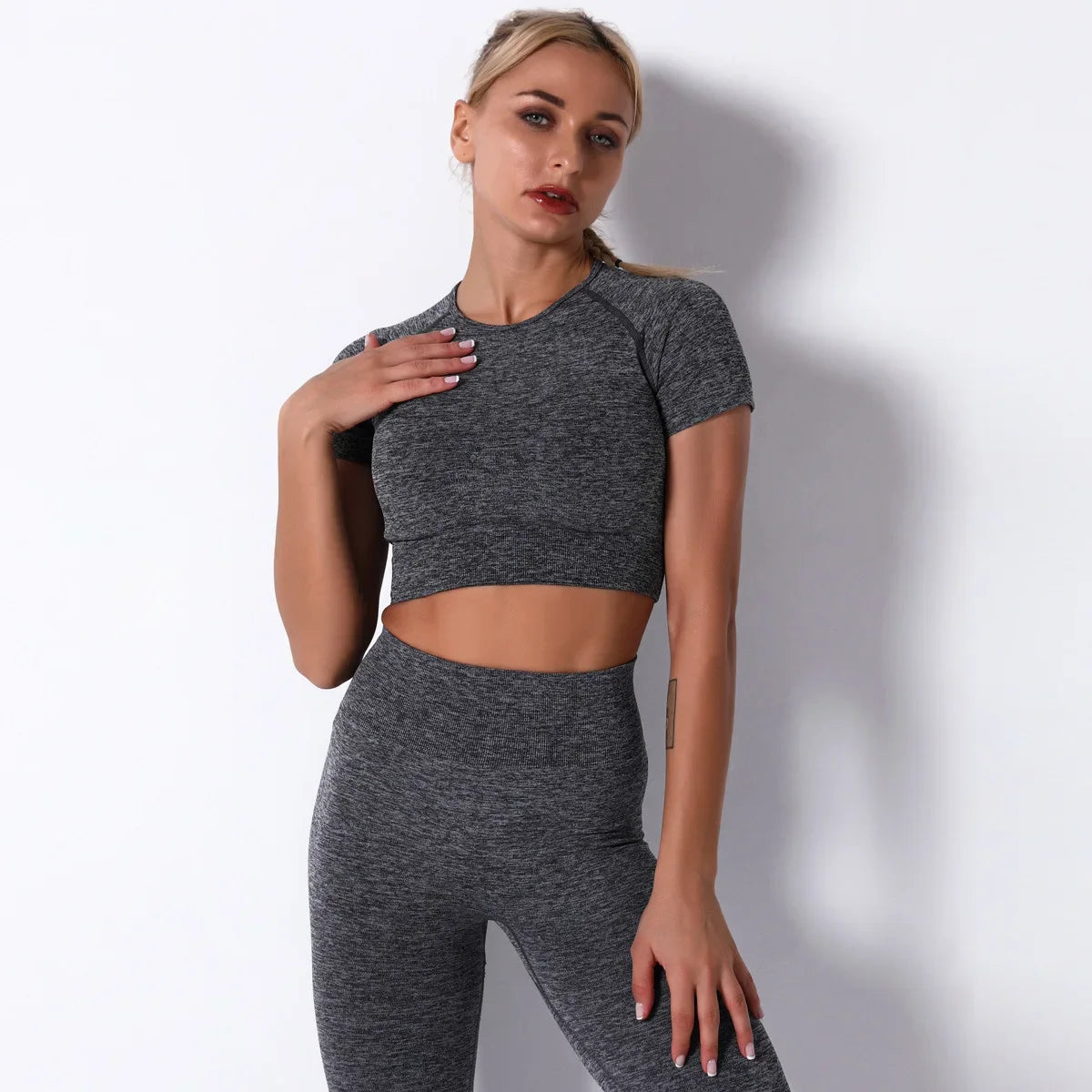 Yoga Sets Gym Women Sport Clothing Short Sleeve Top High Waist Leggings Sports Suit Workout Wear Fitness Suits Sportswear - BeautiMass