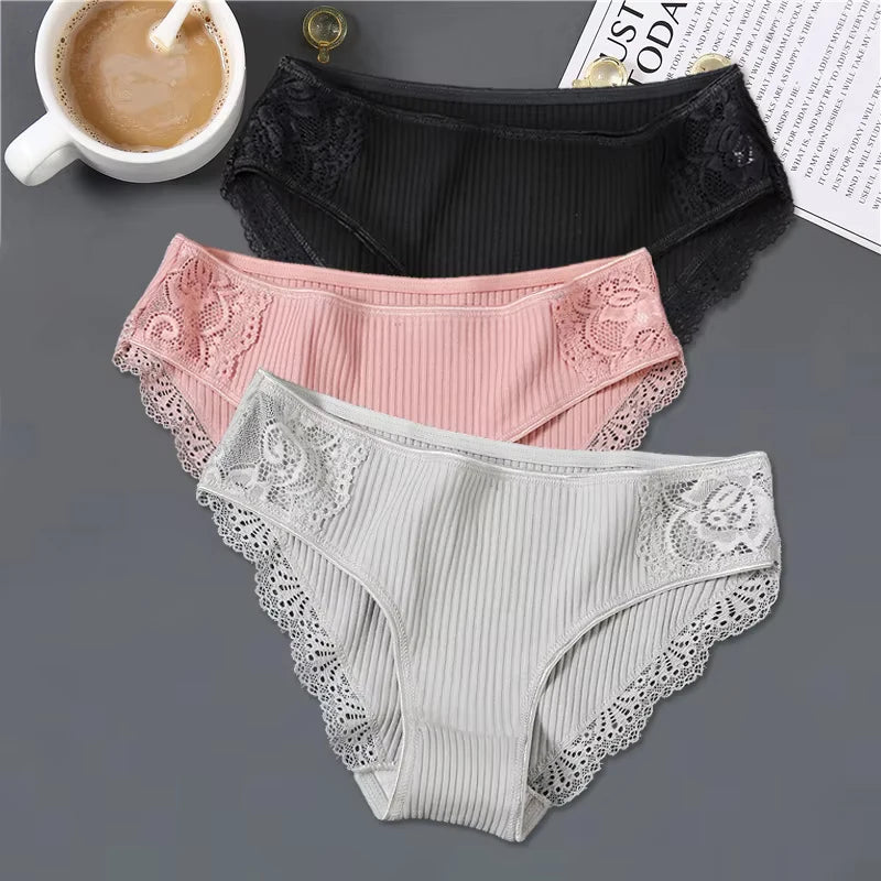 FINETOO 3Pcs/set Women Cotton Low-Rise Underwear Panties Trendy Patchwork Lace Briefs - BeautiMass