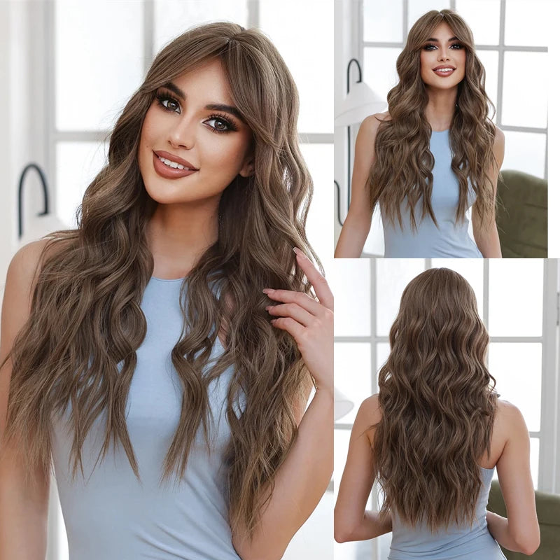 Natural Hair Chocolate Brown Long Wavy Synthetic Wigs with Long Bang Cosplay Daily Party Hair Wigs for Women Heat Resistant BeautiMass