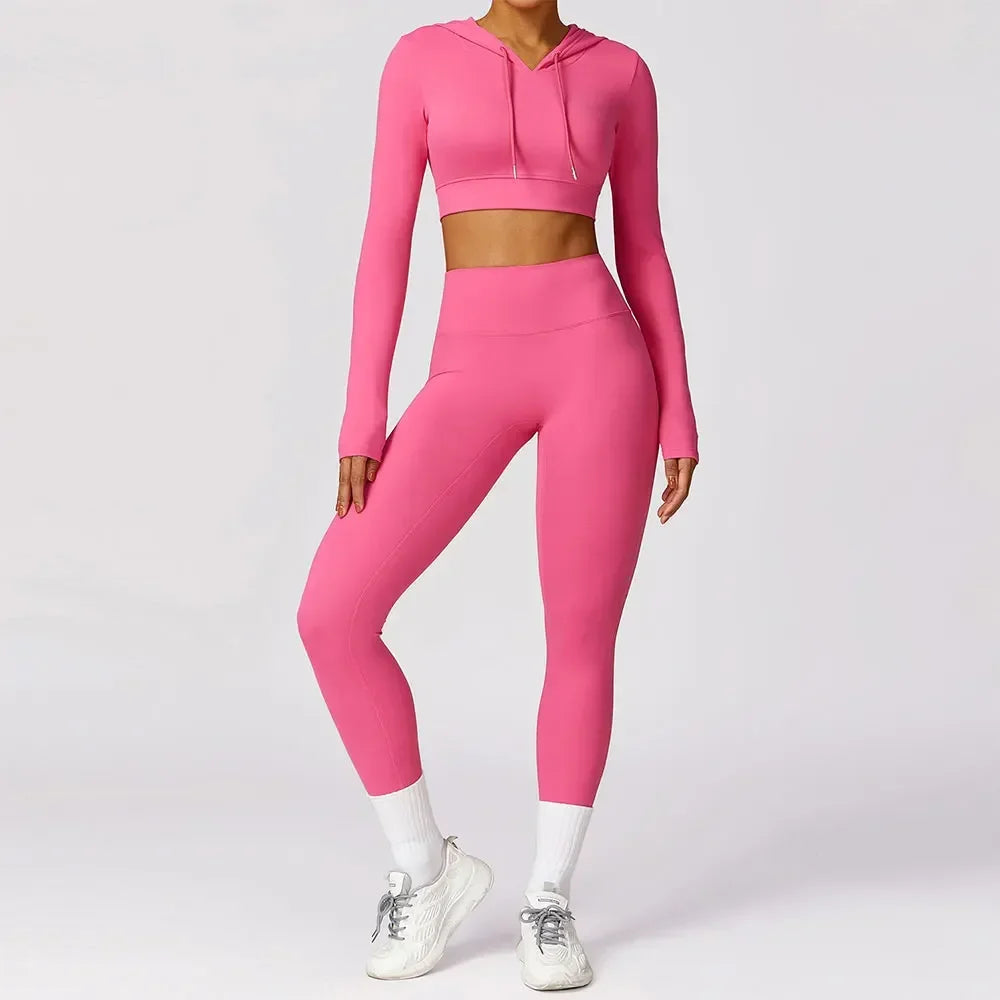 Women Yoga Gym Set 2 Pieces Workout Seamless Sports Clothing Fitness Long Sleeve Crop Top High Waist Leggings Sports Suits - BeautiMass