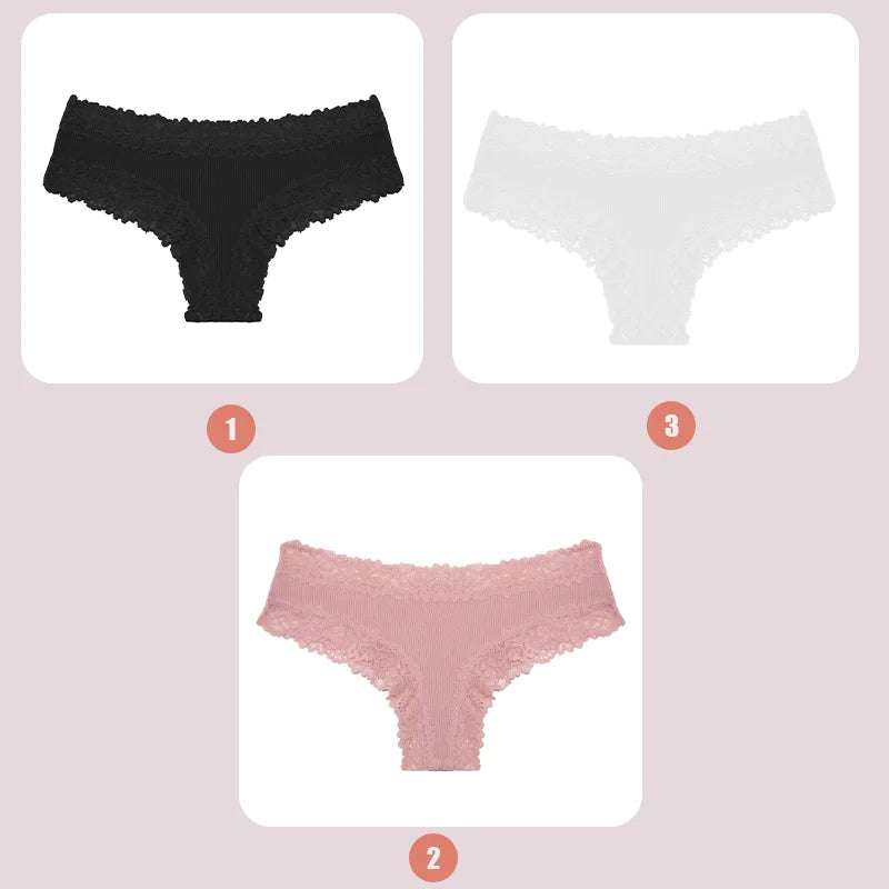 3PCS Lace Seamless Cotton Panties Ribbed Brazilian Low Waist Women Breathable Panties - BeautiMass