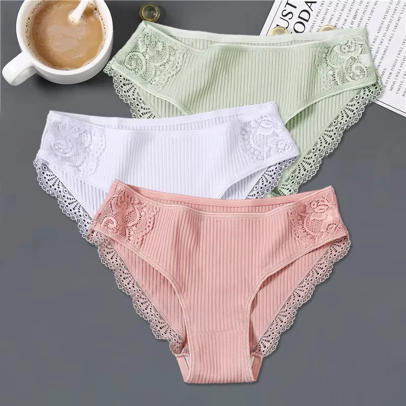 FINETOO 3Pcs/set Women Cotton Low-Rise Underwear Panties Trendy Patchwork Lace Briefs - BeautiMass