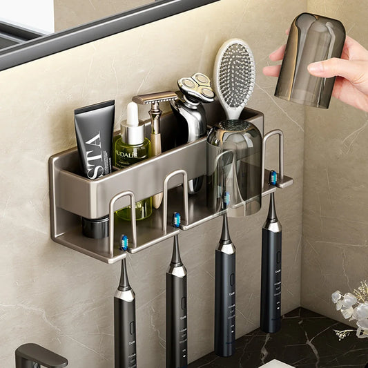 Wall Mounted Toothbrush Mouthwash Cup Shelf No Drilling Adhesive Rustproof Aluminum Holder - BeautiMass