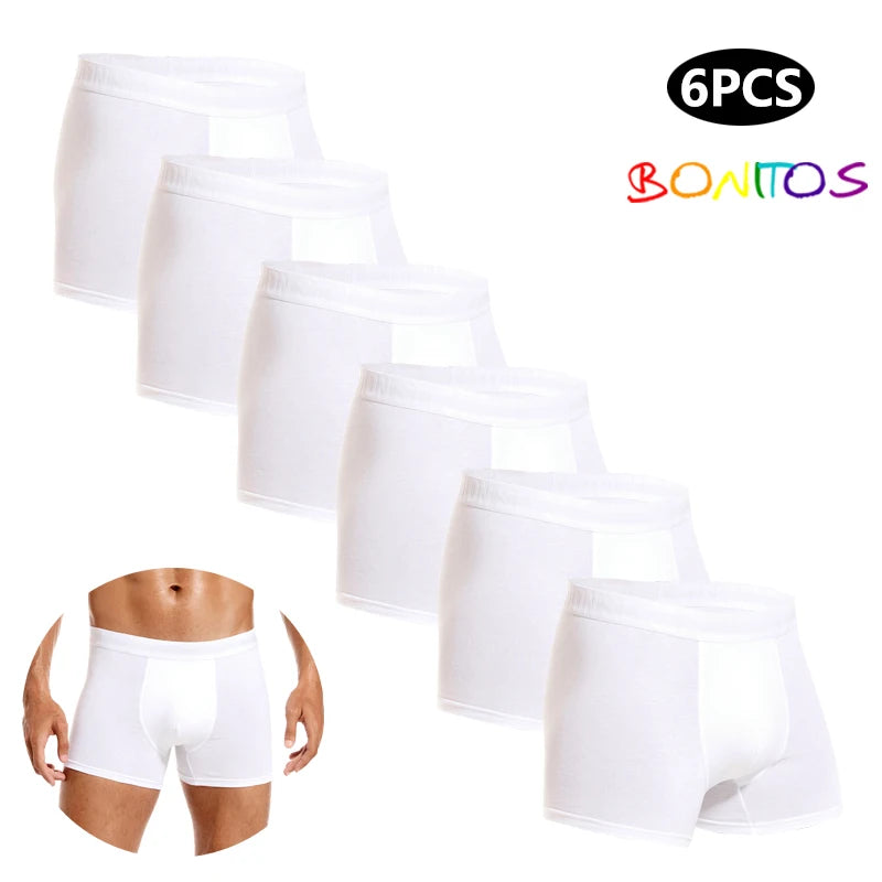 6pcs White Men Panties Cotton Boxers Underwear Pack Brand Underpants Slip Trunks - BeautiMass