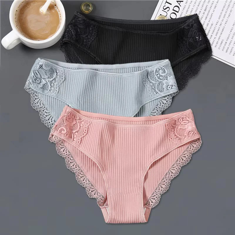 FINETOO 3Pcs/set Women Cotton Low-Rise Underwear Panties Trendy Patchwork Lace Briefs - BeautiMass