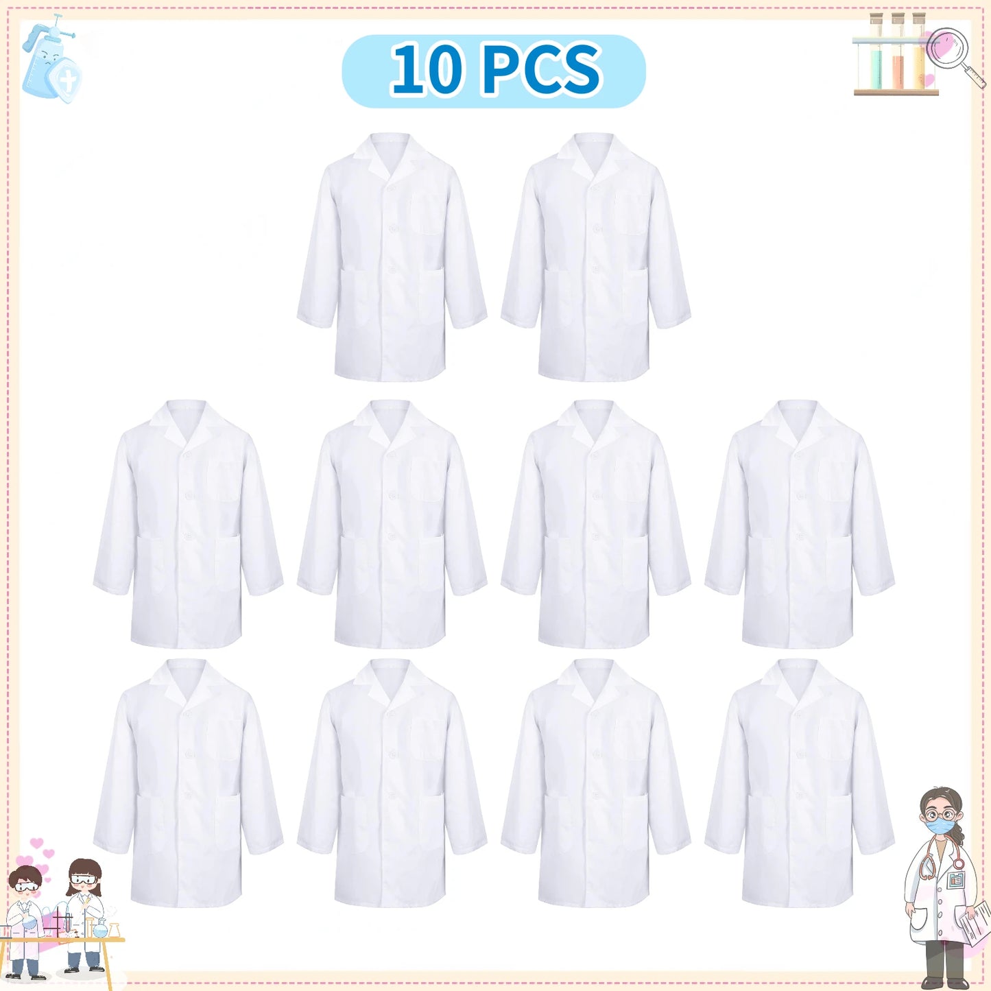 1-12PCS Unisex Child School Lab Coat Scrubs White Doctor Scientist Costume - BeautiMass