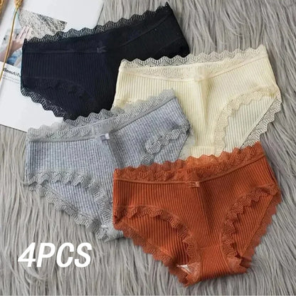 4 Pcs Lace Wavy Trim Bikini Panties, Comfy & Breathable Elastic Intimates Panties - BeautiMass