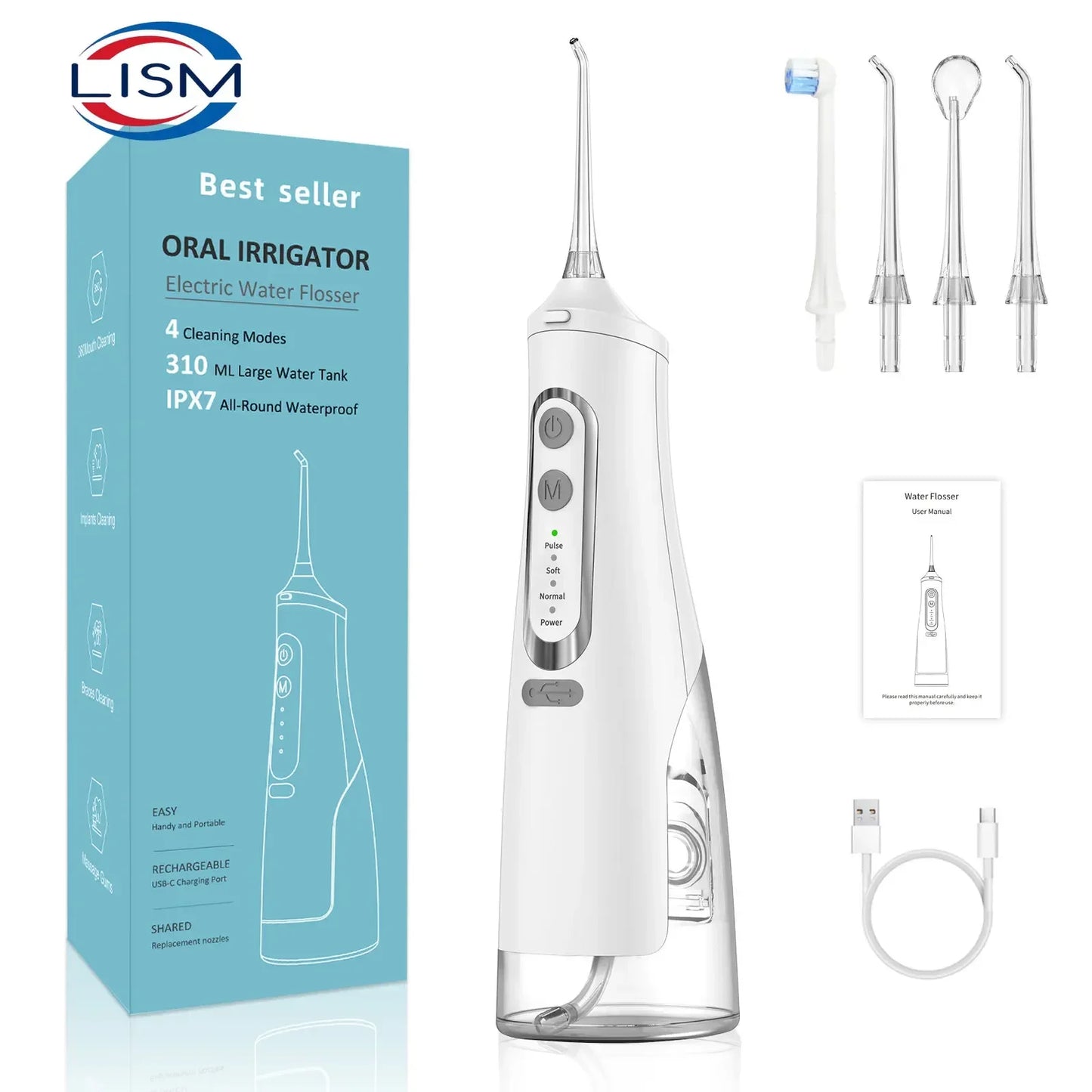 Oral Irrigator USB Rechargeable Water Flosser Portable Dental Water Jet 310ML Water Tank IPX7 Waterproof Teeth Cleaner Travel BeautiMass