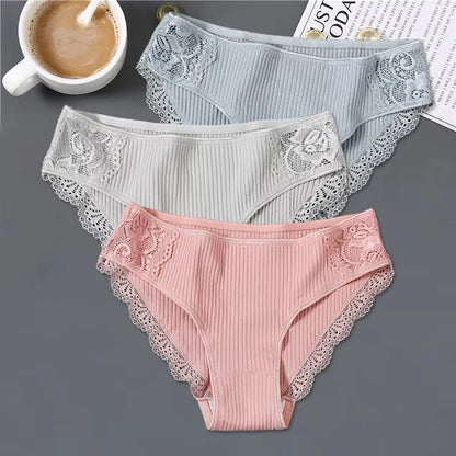 FINETOO 3Pcs/set Women Cotton Low-Rise Underwear Panties Trendy Patchwork Lace Briefs - BeautiMass