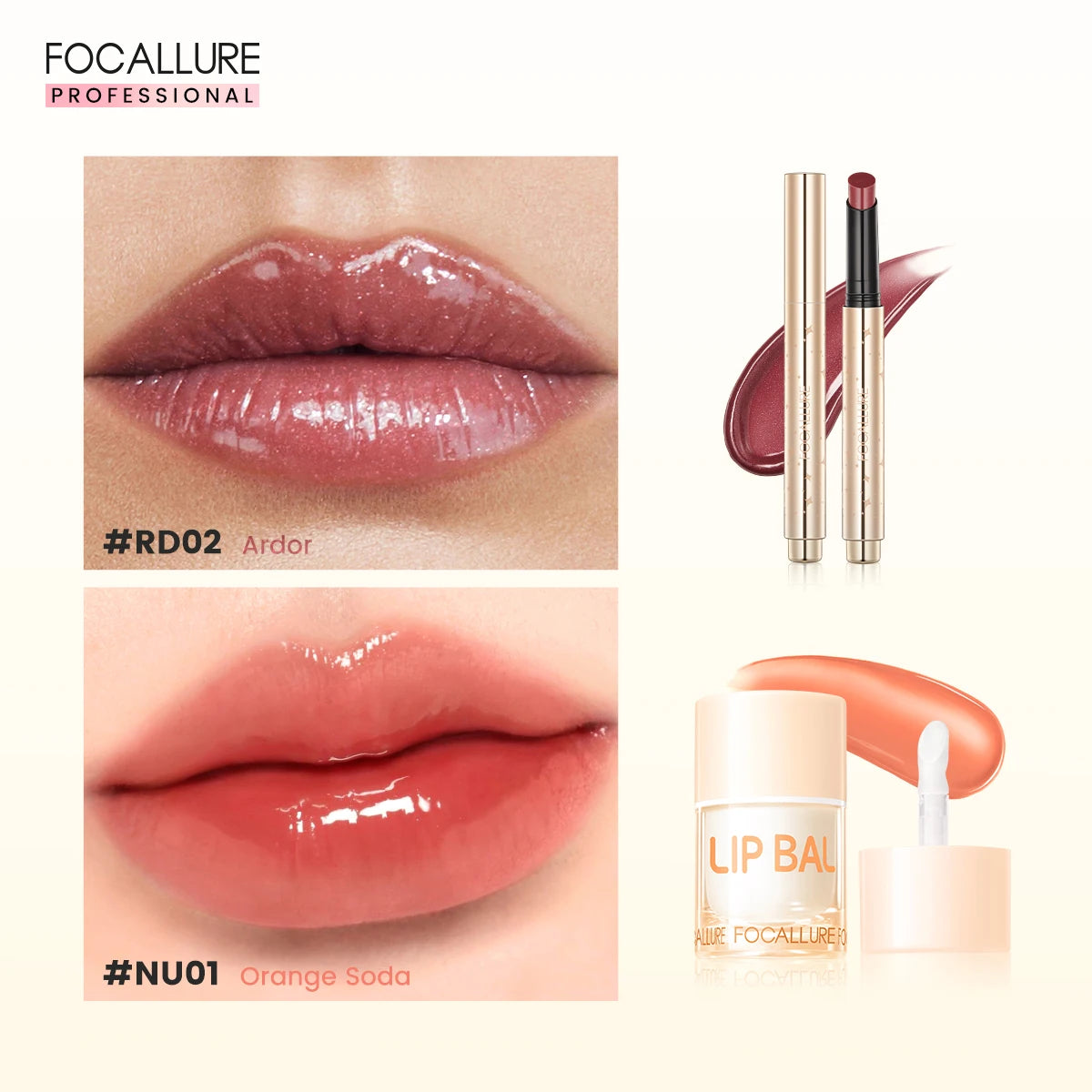 FOCALLURE 2 Pcs Lips Makeup Set Pearlescent Lipstick Pen Non-Sticky Mirror Lip Glosses Moisturizing Lip Balm Lipstick Cosmetics BeautiMass