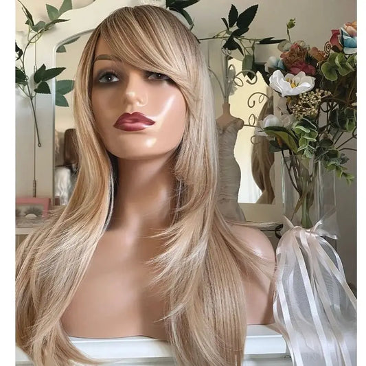 Ombre Ash Platinum Blonde Loose Wave HD Transparent Lace Front Wig With Bangs Heat Resistant Fiber Hair Wigs Synthetic Wigs 20'' BeautiMass