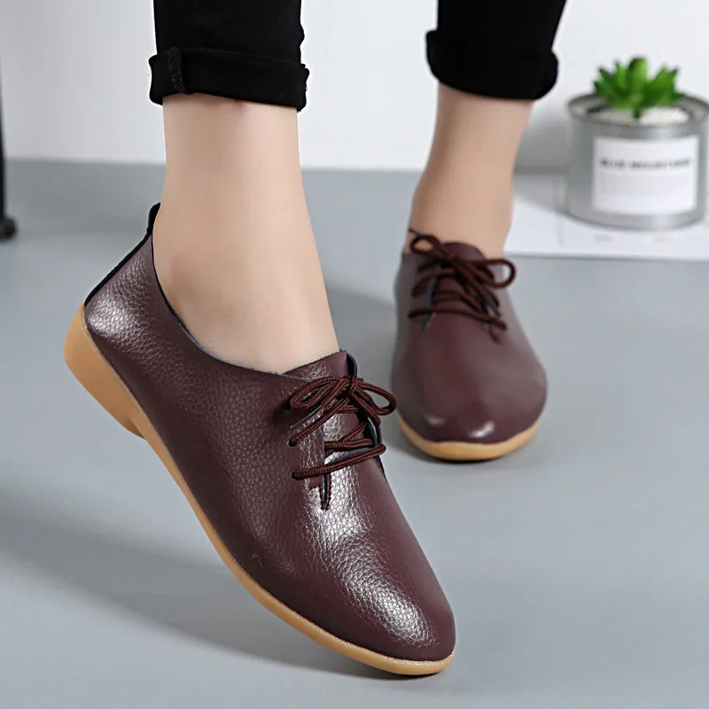 Women Medical Oxford Comfortable Casual Leather Shoes ballet Flats Lace up Soft - BeautiMass