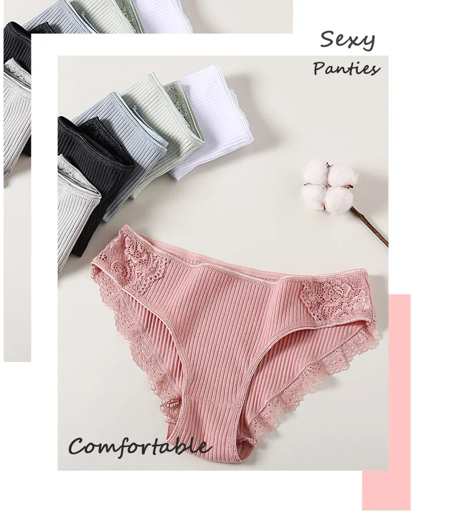 FINETOO 3Pcs/set Women Cotton Low-Rise Underwear Panties Trendy Patchwork Lace Briefs - BeautiMass