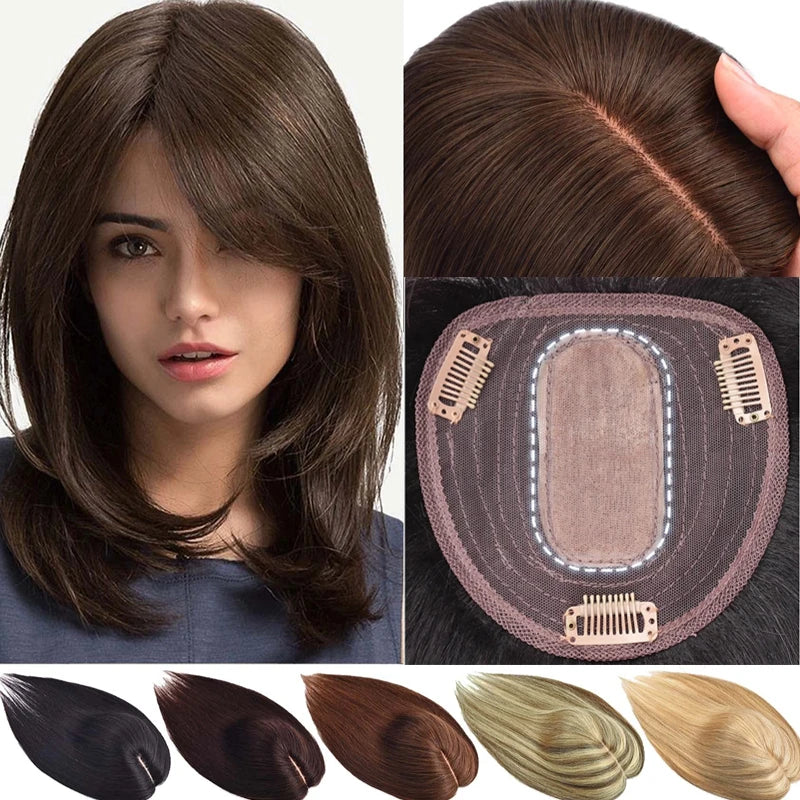 Women Toupee Silk Base Topper Clip In Real Human Hair Wigs Hairpiece With Bangs Straight Hair Toppers For Women Hair Extensions BeautiMass