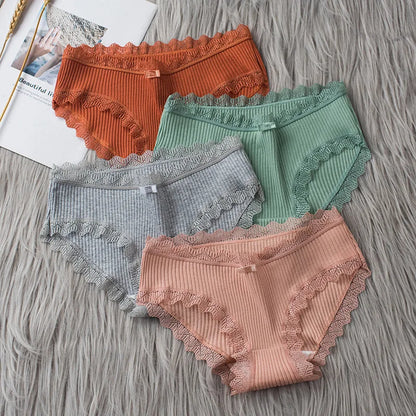 4 Pcs Lace Wavy Trim Bikini Panties, Comfy & Breathable Elastic Intimates Panties - BeautiMass