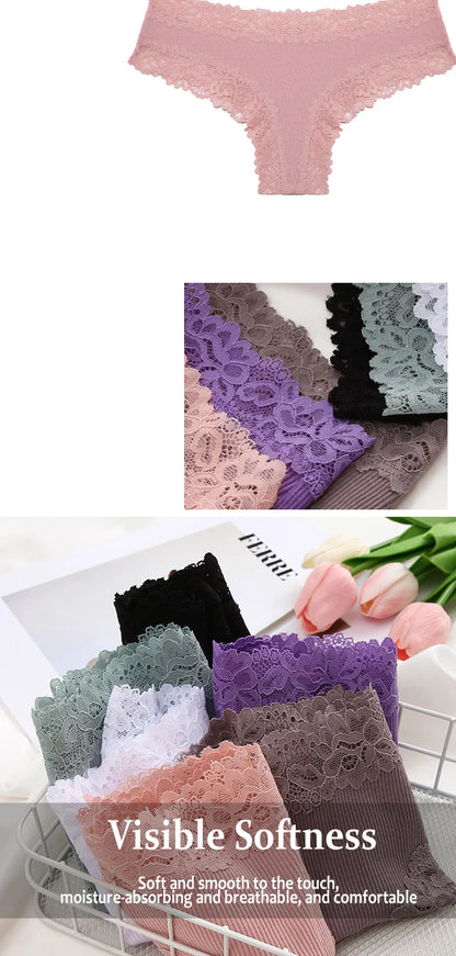 3PCS Lace Seamless Cotton Panties Ribbed Brazilian Low Waist Women Breathable Panties - BeautiMass