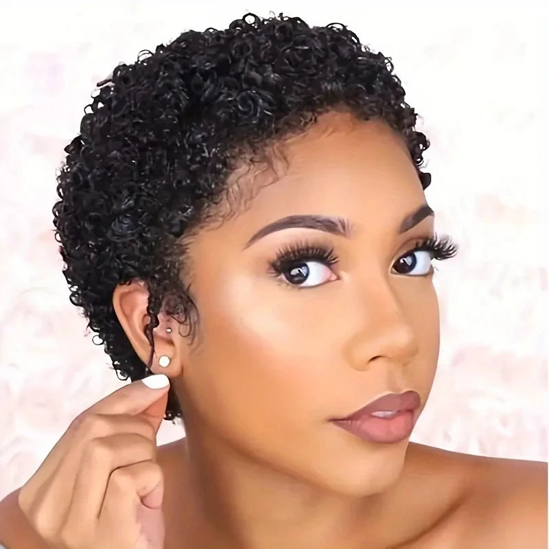 short afro curly black color 150% density pixie cut human hair machine made remy hair wig - BeautiMass