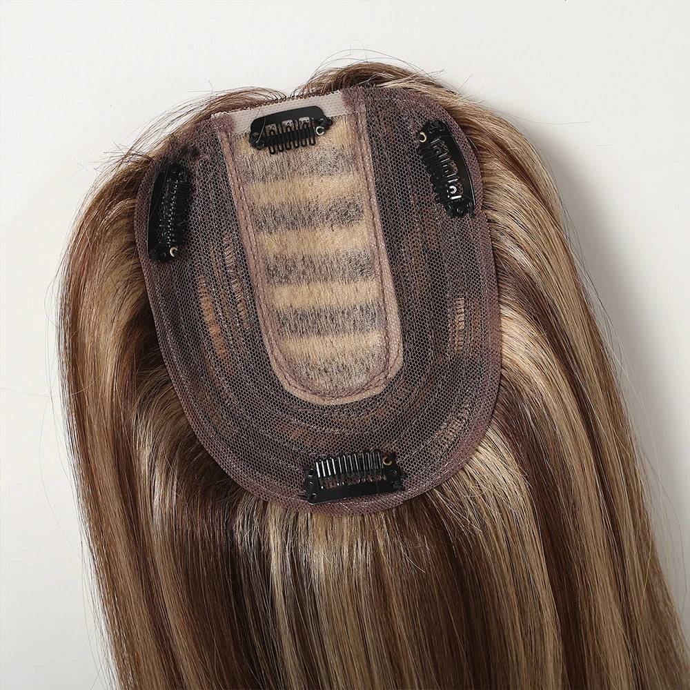 Brown Blonde Remy Human Hair Toppers Silk Base Hairpieces Clips in 12 inches Extensions - BeautiMass