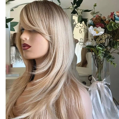 Ombre Ash Platinum Blonde Loose Wave HD Transparent Lace Front Wig With Bangs Heat Resistant Fiber Hair Wigs Synthetic Wigs 20'' BeautiMass