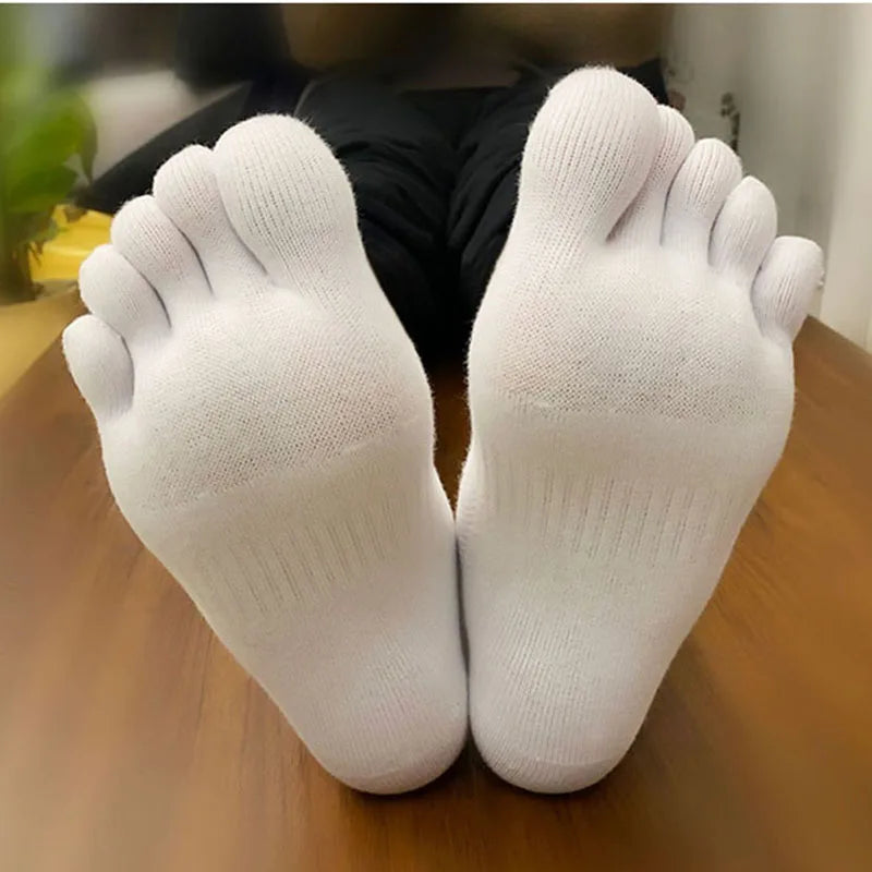 5 Pairs Long Mens Toe Compression Socks Cotton Solid Color Mid-Calf Mesh Breathable - BeautiMass