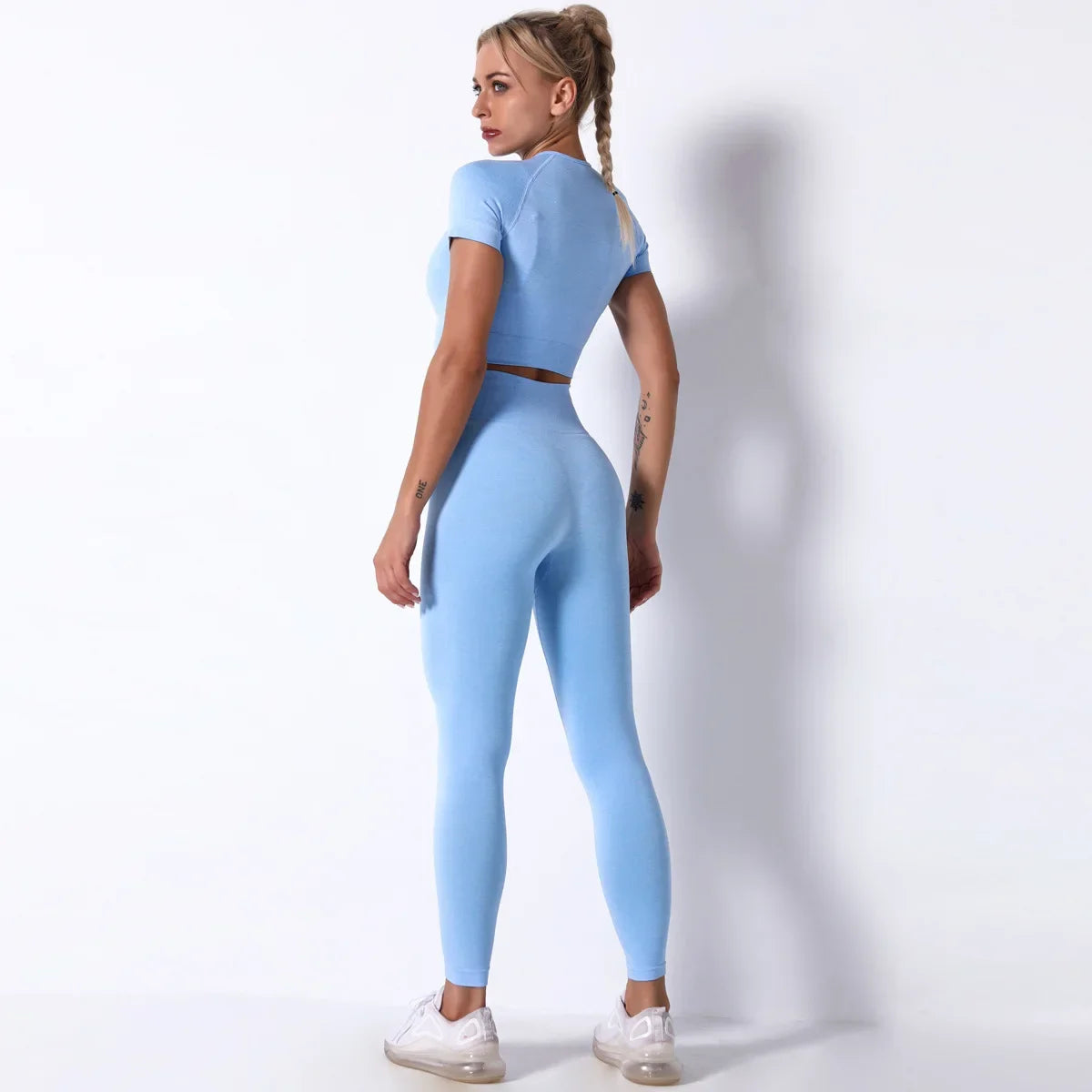 Yoga Sets Gym Women Sport Clothing Short Sleeve Top High Waist Leggings Sports Suit Workout Wear Fitness Suits Sportswear - BeautiMass