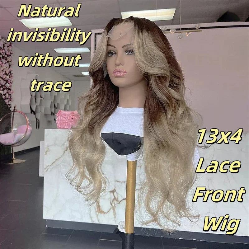 180 Density13x4 Ombre Ash Blonde Body Wave HD Transparent Lace Front Wig Ready To Wear And Go Cosplay Small Meddile Large Size BeautiMass