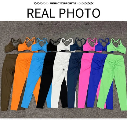 2 Piece Naked Feel Strappy Padded Sports Bra Crop Top High Waist Leggings Sets Gym Clothing - BeautiMass