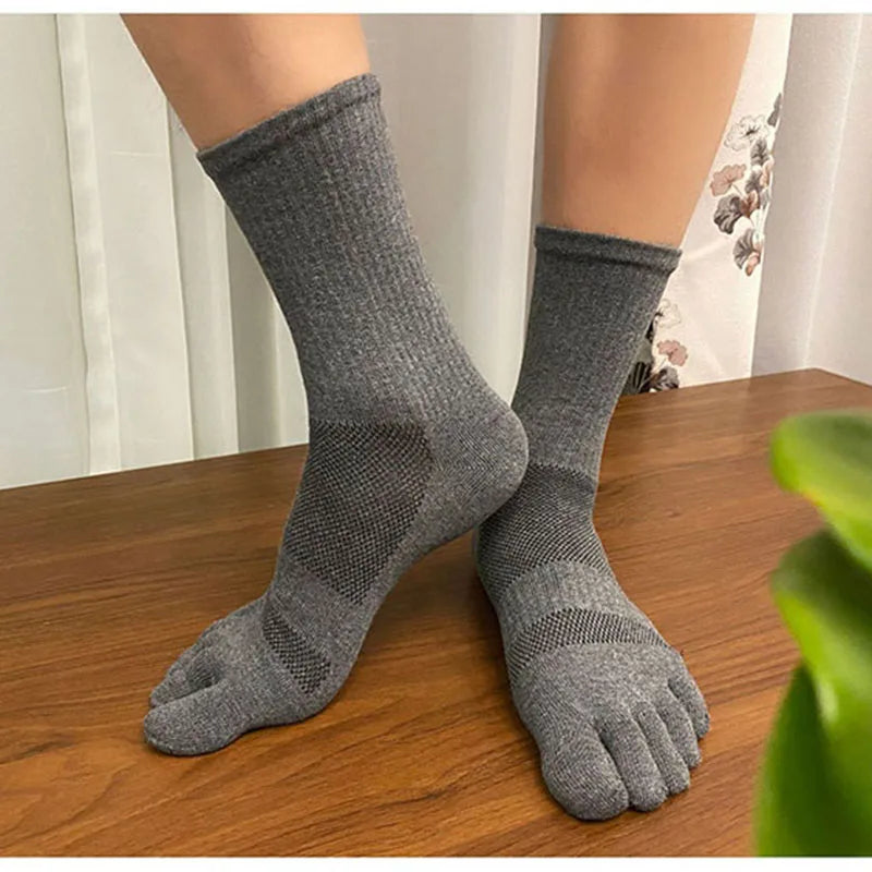 5 Pairs Long Mens Toe Compression Socks Cotton Solid Color Mid-Calf Mesh Breathable - BeautiMass