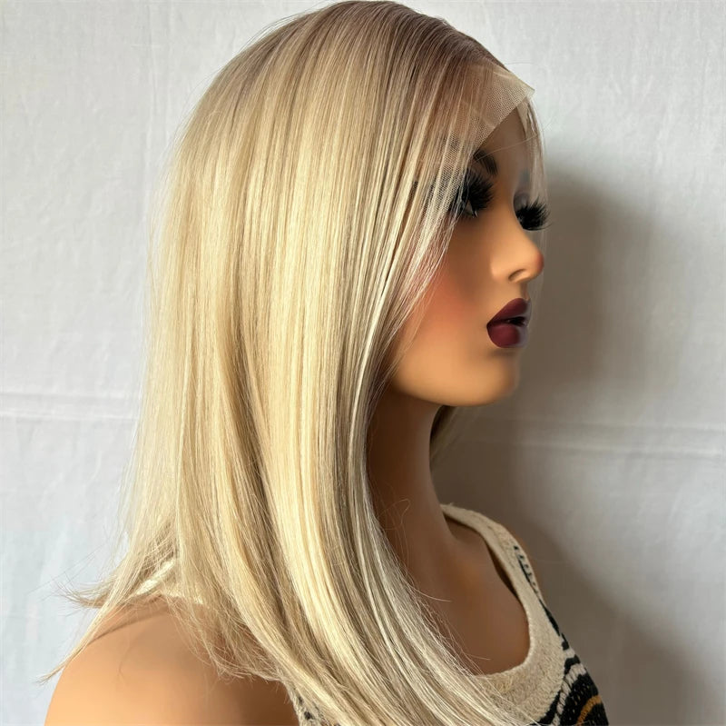 Ash Blonde Highlight Color Short Straight Bob Lace Front Wigs For Women Long Synthetic Hair Wig Dark Roots 13x4 Lace Frontal Wig BeautiMass