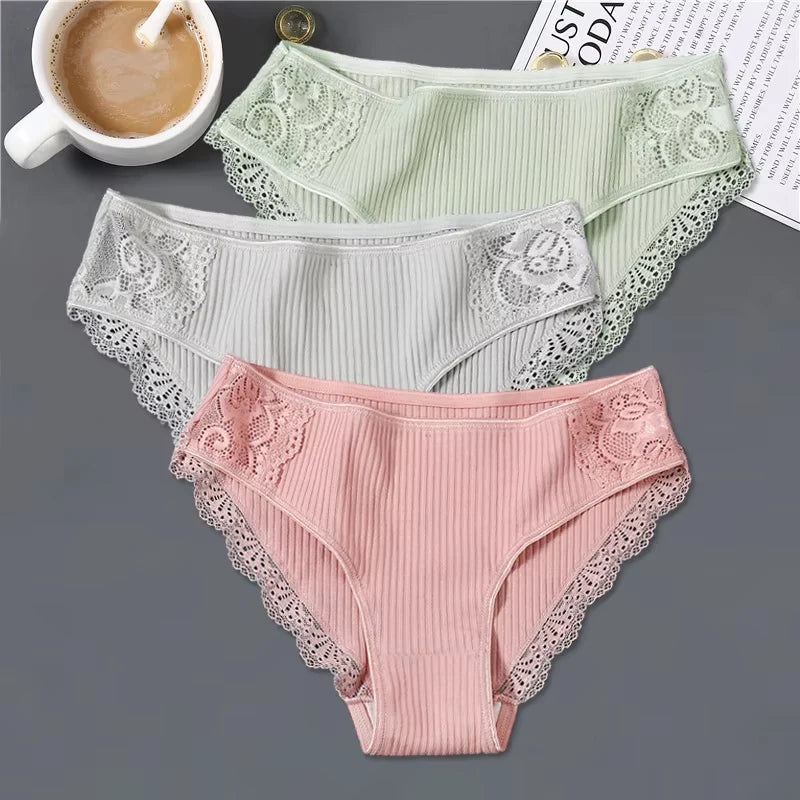 FINETOO 3Pcs/set Women Cotton Low-Rise Underwear Panties Trendy Patchwork Lace Briefs - BeautiMass