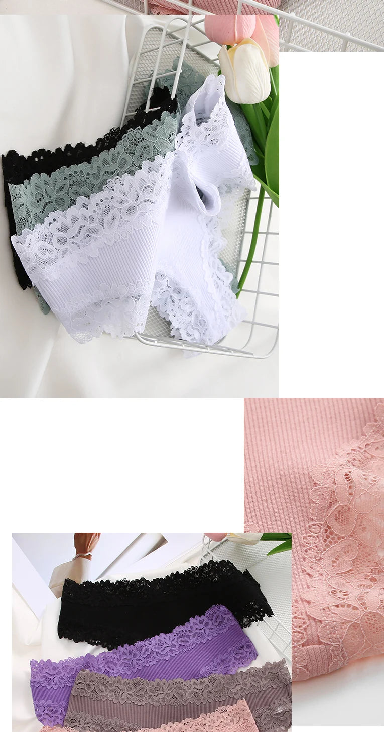 3PCS Lace Seamless Cotton Panties Ribbed Brazilian Low Waist Women Breathable Panties - BeautiMass