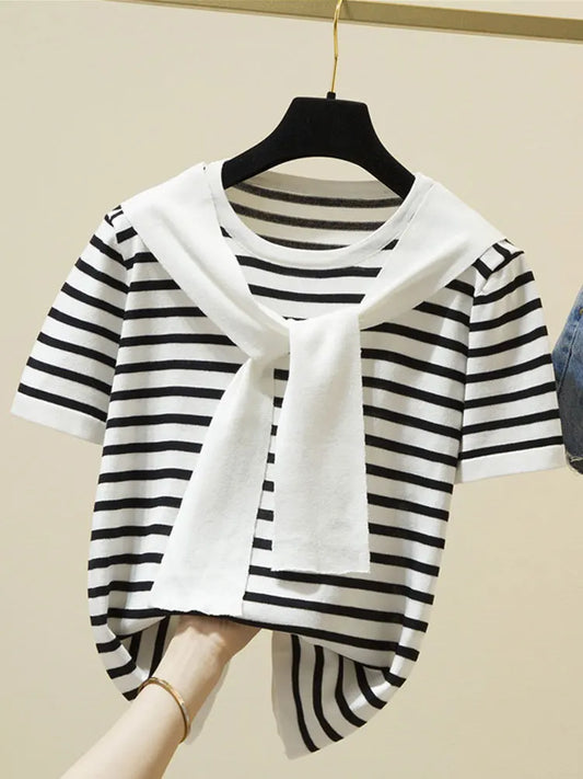 Striped Women Summer Knitted Sailor Neck T-shirt Short Sleeve - BeautiMass