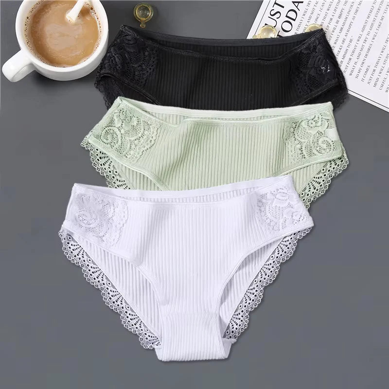 FINETOO 3Pcs/set Women Cotton Low-Rise Underwear Panties Trendy Patchwork Lace Briefs - BeautiMass