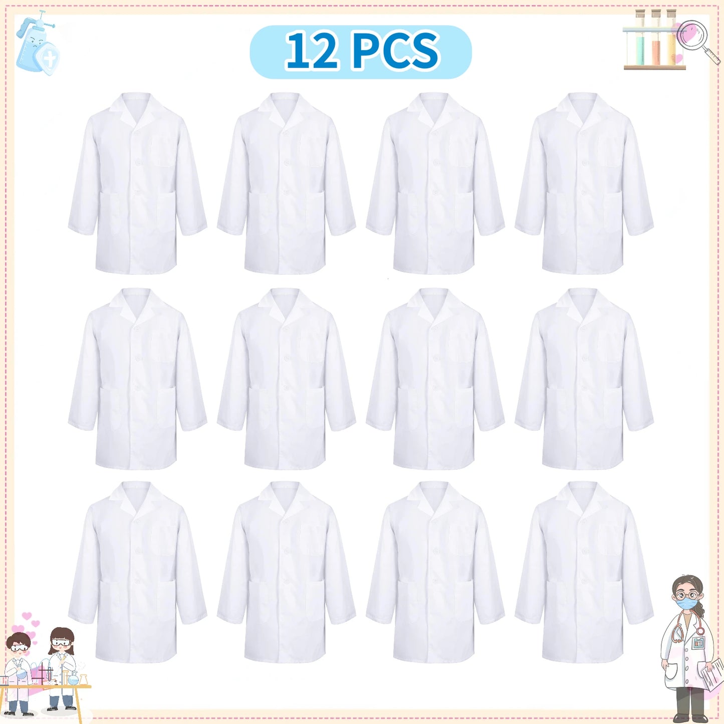 1-12PCS Unisex Child School Lab Coat Scrubs White Doctor Scientist Costume - BeautiMass