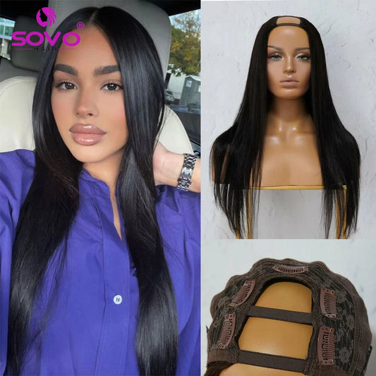 U Part Human Hair Wigs Straight Unprocessed 100% Brazilian Virgin Human Hair Wig Glueless Hair Natural Color  Natural Black BeautiMass