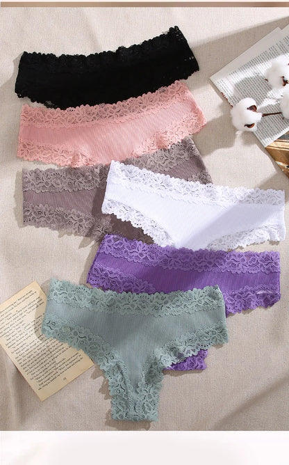 3PCS Lace Seamless Cotton Panties Ribbed Brazilian Low Waist Women Breathable Panties - BeautiMass