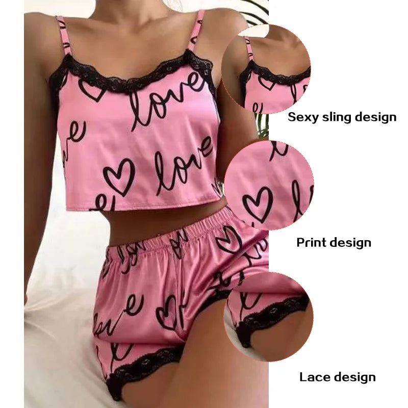 2 Pieces Set Shorts Suit Homewear Print Underwear Pijama Sexy Ladies Sleepwear - BeautiMass