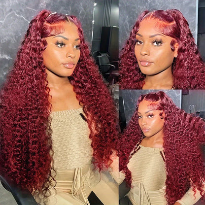 99J Deep Wave Burgundy Curly Brazilian Red Hair Transparent Lace Front Human Remy Hair - BeautiMass