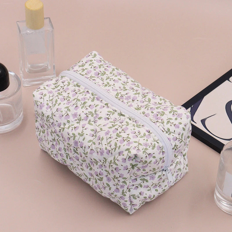 Floral Puffy Quilted Makeup Travel Cosmetic Jewelry Storage Bag - BeautiMass