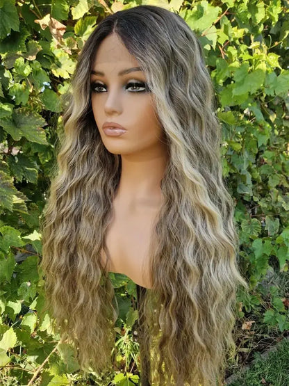 Ombre Ash Blonde Brown Water Wave Lace Front Wig Heat Resistant Fiber Hair Wig Glueless Synthetic Wigs High Quality Women's Wigs BeautiMass