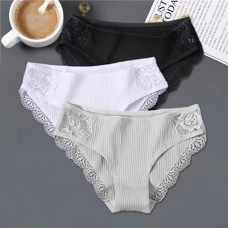 FINETOO 3Pcs/set Women Cotton Low-Rise Underwear Panties Trendy Patchwork Lace Briefs - BeautiMass