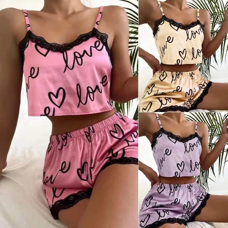 2 Pieces Set Shorts Suit Homewear Print Underwear Pijama Sexy Ladies Sleepwear - BeautiMass