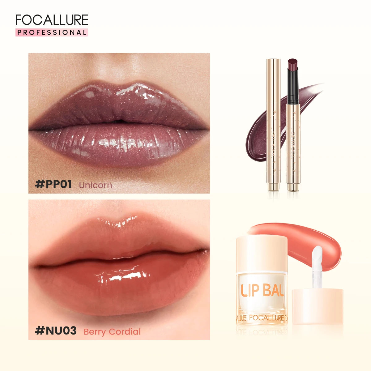 FOCALLURE 2 Pcs Lips Makeup Set Pearlescent Lipstick Pen Non-Sticky Mirror Lip Glosses Moisturizing Lip Balm Lipstick Cosmetics BeautiMass