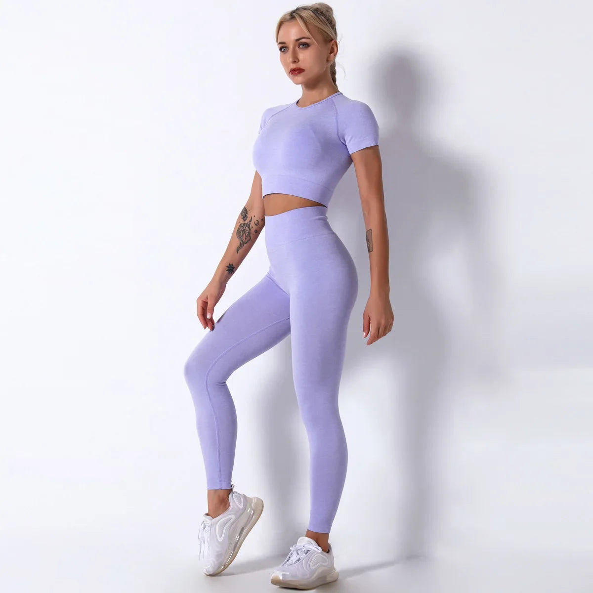 Yoga Sets Gym Women Sport Clothing Short Sleeve Top High Waist Leggings Sports Suit Workout Wear Fitness Suits Sportswear - BeautiMass