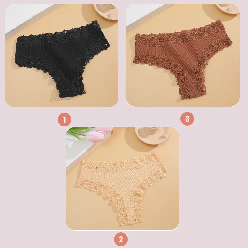 3PCS Lace Seamless Cotton Panties Ribbed Brazilian Low Waist Women Breathable Panties - BeautiMass