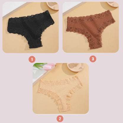 3PCS Lace Seamless Cotton Panties Ribbed Brazilian Low Waist Women Breathable Panties - BeautiMass