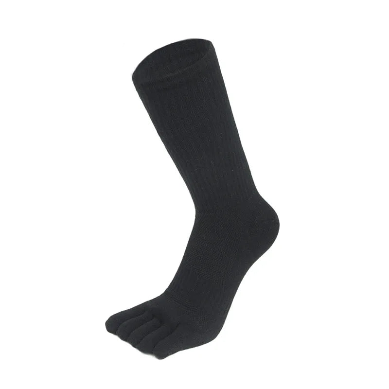 5 Pairs Long Mens Toe Compression Socks Cotton Solid Color Mid-Calf Mesh Breathable - BeautiMass