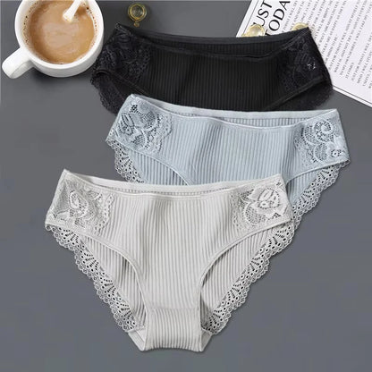 FINETOO 3Pcs/set Women Cotton Low-Rise Underwear Panties Trendy Patchwork Lace Briefs - BeautiMass