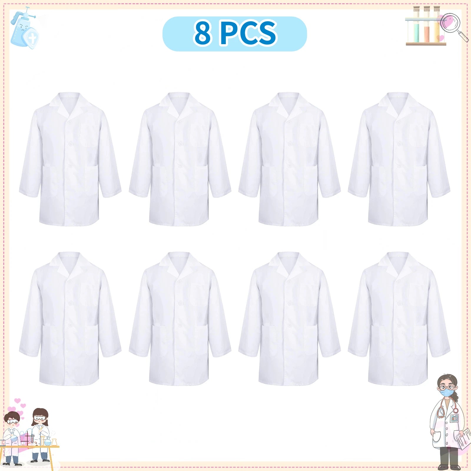 1-12PCS Unisex Child School Lab Coat Scrubs White Doctor Scientist Costume - BeautiMass